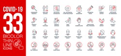 Prevention and symptoms Coronavirus Covid 19 line icons set isolated on white. Perfect outline health medicine symbols pandemic banner. Quality design elements virus treatment with editable Stroke