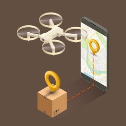 Drone delivery box near screen tablet. Quadcopter carrying package cargo to customer. Autonomous or wireless remoted flying drone. Vector 3d isometric