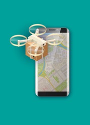 Drone delivery box near screen phone tablet display. copter carrying package cargo to customer. Autonomous or wireless remoted flying drone. Vector 3d isometric, 3D illustration