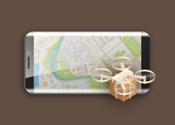 Drone delivery box near screen phone tablet display. copter carrying package cargo to customer. Autonomous or wireless remoted flying drone. Vector 3d isometric, 3D illustration