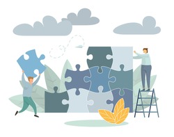Team metaphor people connecting puzzle elements. Business concept. Vector illustration flat design style. Symbol of teamwork, cooperation, partnership