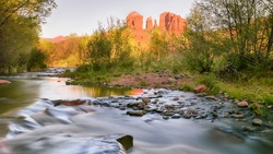 Oak Creek cascades past Cathedral Rock at Red Rock Crossing and vortex, in the Coconino National Forest, near Crescent Moon Ranch and Sedona, Arizona.