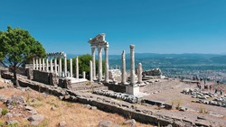 BERGAMA, TURKEY - Ruins of the Temple of Trajan the ancient site of Pergamum (Pergamon). Bergama is located in the Izmir province of western Turkey.