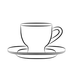 Silhouette of tea couple. Mug and saucer for tea, coffee and hot drinks. Tea time. Design element for coffee house, food delivery sites and restaurants. Sketch, linear drawing in minimalist style