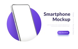 White realistic smartphone vector mockup in the circle. 3d mobile phone with blank white screen. Modern cell phone template on gradient background. Illustration of device 3d screen