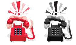 Ringing stationary retro phone with button keypad and with exclamation marks. Vector illustration