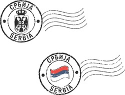 Two postal stamps 'Serbia'. Serbian (cyrillic) and english inscription.