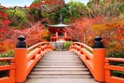 Japanese autumn fall. Kyoto Daigoji temple. Famous temple with autumn color leaves and cherry blossom in spring in Kyoto 