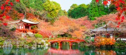 Japanese fall autumn.Kyoto Daigo temple with red leaves and pond. 