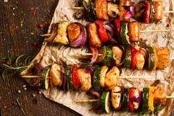 Skewers of grilled meat and vegetables