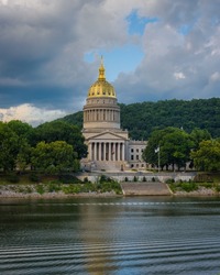 The West Virginia State Capitol and Kanawha River, in Charleston, West Virginia