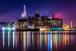 The Domino Sugars Factory at night in Baltimore, Maryland.