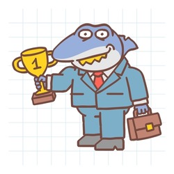Boss shark standing holds gold cup holds suitcase and smiles. Hand drawn character. Vector Illustration