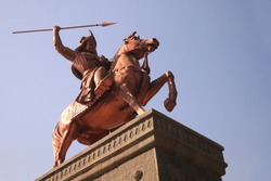 A statue of the great Bajirao Peshwe - the general of the Maratha Empire in India, Pune, Maharashtra. This statue is outside the shaniwarwada fort in Pune which was his residence in the 17th century.