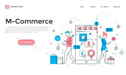 Landing page with man and woman walking and buying products through mobile application on their smartphones and place for text. Modern linear vector illustration for m-commerce app advertisement.