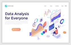 Landing page with man or analyst working on laptop and analyzing statistical or financial information. Big data or stock market analysis for everyone. Isometric vector illustration for web banner.