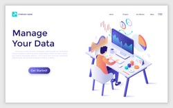 Landing page with man or analyst sitting at computer and monitoring statistical or financial market indicators, diagrams, charts and graphs. Statistics and data analysis. Modern vector illustration.