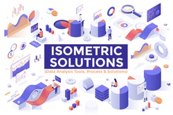 Set of isometric design elements, objects or symbols isolated on white background - information and big data analysis tools, analytics and statistics, charts, diagrams, graphs. Vector illustration.