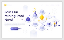 Landing page template with man working on laptop computer and network of cubic blocks. Cryptocurrency mining pool service or technology advertisement. Modern isometric vector illustration for webpage.