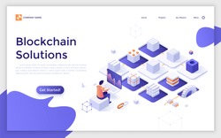 Landing page template with cryptocurrency miner sitting at computer and chain of cubic blocks. Software and hardware solutions for Bitcoin mining. Modern isometric vector illustration for website.