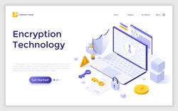 Landing page with laptop computer, cryptographic protocol, shield, lock and key. Encryption technology, secure data transmission, protection of information. Modern isometric vector illustration.