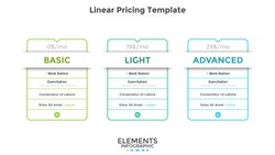 Linear rectangular pricing tables or cards with list of included options. Light, basic and advanced subscription plans or website accounts. Modern infographic design template. Vector illustration.