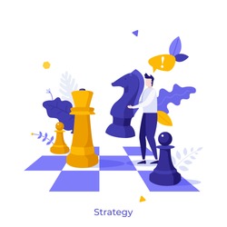 Office worker standing on chessboard and moving giant knight chess piece. Modern concept of strategy game, strategic planning, tactics in business competition. Flat cartoon vector illustration.