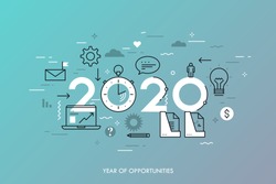 Infographic concept, 2020 - year of opportunities. New trends and prospects in business development, office work, time management, profit growth strategies. Vector illustration in thin line style.