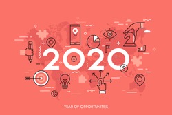 Infographic concept, 2020 - year of opportunities. Trends and predictions in international business expansion strategies, market entry, strategic planning. Vector illustration in thin line style.
