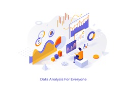 Concept with man or analyst working on laptop and analyzing statistical or financial information. Big data or stock market analysis for everyone. Isometric vector illustration for web banner.