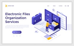 Landing page template with man standing on laptop computer and opening drawer of storage cabinet full of documents. Concept of electronic file organization service. Isometric vector illustration.