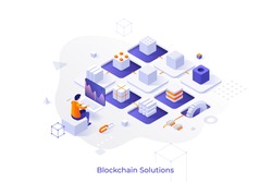 Concept with cryptocurrency miner sitting at computer and chain of cubic blocks. Software and hardware solutions for Bitcoin mining. Modern isometric vector illustration for website.