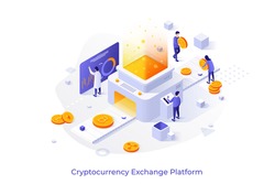 Conceptual template with people putting crypto coins on belt conveyor. Cryptocurrency exchange platform or market. Modern isometric vector illustration for advertisement, promotion, website.