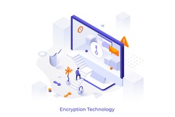Conceptual template with man ascending stairs to enter computer screen. Encryption technology, access to encrypted data. Isometric vector illustration for information security service advertisement.