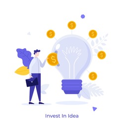 Businessman or investor putting dollar coin into slot in light bulb. Invest In Idea concept. Venture investment, startup funding, financing innovative technology. Modern flat vector illustration.