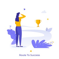 Woman looking at golden goblet or champion cup at end of road. Concept of route to success, business competition or challenge, work goal achievement, career path. Modern flat vector illustration.