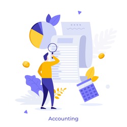 Man looking through magnifying glass at bill, check or invoice. Concept of accounting and auditing service for business, budget planning, revenue calculation. Modern flat colorful vector illustration.