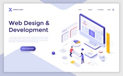 Landing page template with computer and people building website interface. Concept of web design and development, site builder online tool or service. Modern isometric vector illustration for webpage.