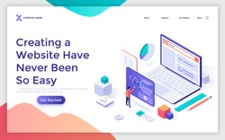 Landing page template with programmer or coder creating webpage on giant laptop computer. Concept of internet tool for web development, online website builder. Modern isometric vector illustration.