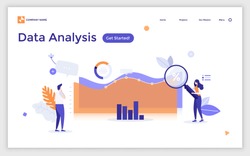 Landing page template with man and woman with magnifying glass analyzing diagrams and graphs. Concept of statistical or financial data analysis. Modern flat vector illustration for website, banner.