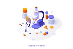 Concept with researchers in lab coats, microscope, pills, test tubes. Medical research, scientific laboratory experiment, chemical analysis. Isometric design template. Vector illustration.