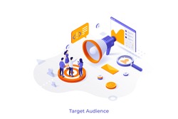 Conceptual template with group of consumers or customers and giant megaphone. Scene for target audience marketing, market research. Modern colorful isometric vector illustration for advertisement.