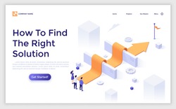 Landing page template with people standing at arrow laid over barriers and leading to finish. Concept of search for right solution, business problem solving. Modern isometric vector illustration.