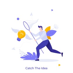 Man with butterfly net catching flying winged lightbulb. Concept of chasing or pursuing innovative business idea, creative thinking, brainstorm. Modern flat vector illustration for banner, poster.