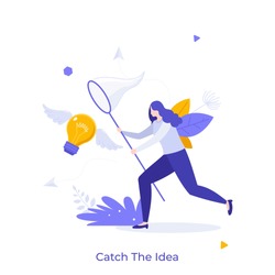 Woman with butterfly net catching flying winged lightbulb. Concept of chasing or pursuing innovative business idea, creative thinking, brainstorm. Modern flat vector illustration for banner, poster.