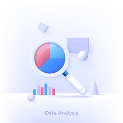 3D design of data analysis magnifier with pie chart. Premium quality outline symbol. Modern style logo vector illustration concept.
