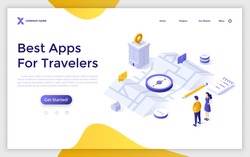 Landing page template with tourists or travelers standing in front of map and compass. Concept of mobile application for tourism, travel or trip planning. Isometric vector illustration for webpage.