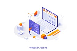 Conceptual template with programmer or coder creating webpage on giant laptop computer. Scene for internet tool for web development, online website builder. Modern isometric vector illustration.