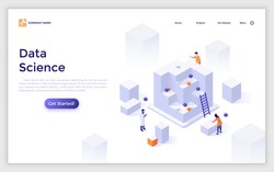 Landing page template with scientists or researchers and giant cubes. Concept of data science, cluster analysis, statistical information research. Modern isometric vector illustration for webpage.