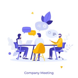 Group of clerks sitting at table and talking. Concept of corporate meeting, brainstorm, team discussion, conversation, business communication. Modern flat colorful vector illustration for poster.